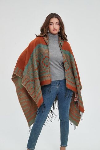 Women's Vintage Pattern Open Front Hooded Poncho Cape Shawl Winter Shawl Wraps in Saudi Arabia