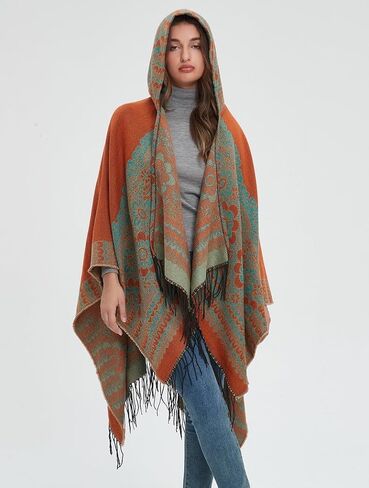Women's Vintage Pattern Open Front Hooded Poncho Cape Shawl Winter Shawl Wraps in Saudi Arabia