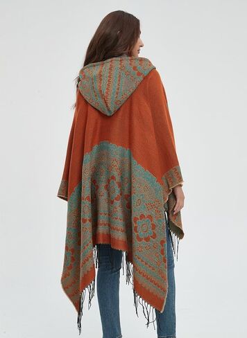 Women's Vintage Pattern Open Front Hooded Poncho Cape Shawl Winter Shawl Wraps in Saudi Arabia