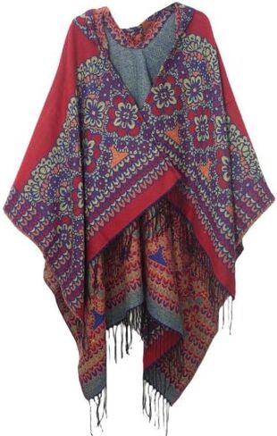 Women's Vintage Pattern Open Front Hooded Poncho Cape Shawl Winter Shawl Wraps in Saudi Arabia