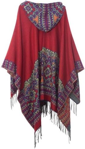 Women's Vintage Pattern Open Front Hooded Poncho Cape Shawl Winter Shawl Wraps in Saudi Arabia