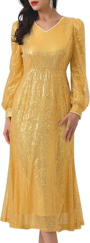 Women's Sequin Sparkly Dresses Long Sleeve V Neck Cocktail Party Midi Dress in Saudi Arabia