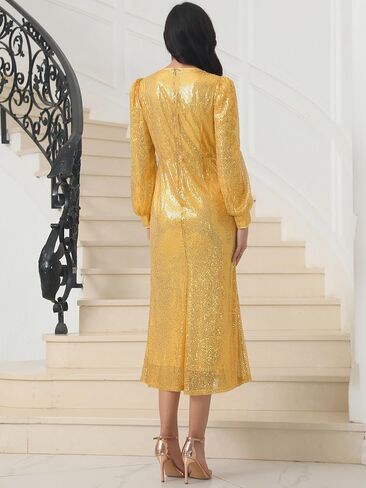 Women's Sequin Sparkly Dresses Long Sleeve V Neck Cocktail Party Midi Dress in Saudi Arabia