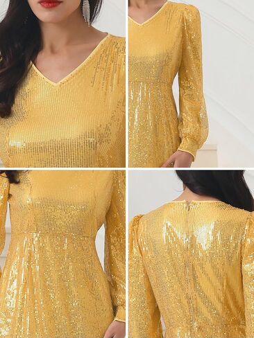 Women's Sequin Sparkly Dresses Long Sleeve V Neck Cocktail Party Midi Dress in Saudi Arabia