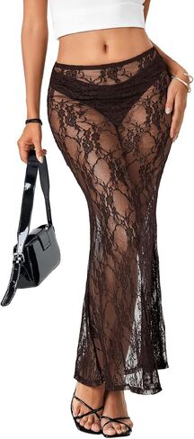 Rooscier Women's Lace Sheer Long Skirt High Waist A-line Summer Sexy Beach Maxi Skirts in Saudi Arabia