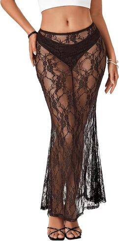 Rooscier Women's Lace Sheer Long Skirt High Waist A-line Summer Sexy Beach Maxi Skirts in Saudi Arabia