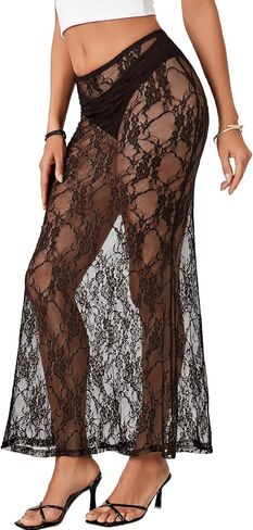 Rooscier Women's Lace Sheer Long Skirt High Waist A-line Summer Sexy Beach Maxi Skirts in Saudi Arabia