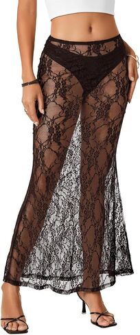 Rooscier Women's Lace Sheer Long Skirt High Waist A-line Summer Sexy Beach Maxi Skirts in Saudi Arabia