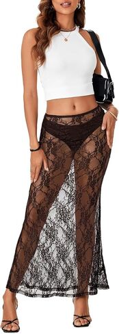 Rooscier Women's Lace Sheer Long Skirt High Waist A-line Summer Sexy Beach Maxi Skirts in Saudi Arabia