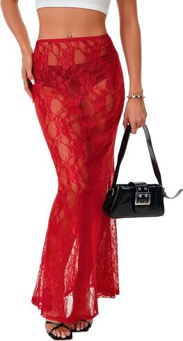Rooscier Women's Lace Sheer Long Skirt High Waist A-line Summer Sexy Beach Maxi Skirts in Saudi Arabia