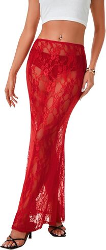 Rooscier Women's Lace Sheer Long Skirt High Waist A-line Summer Sexy Beach Maxi Skirts in Saudi Arabia
