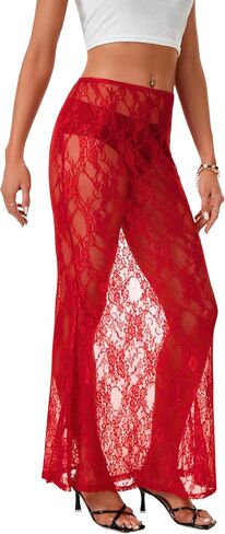 Rooscier Women's Lace Sheer Long Skirt High Waist A-line Summer Sexy Beach Maxi Skirts in Saudi Arabia