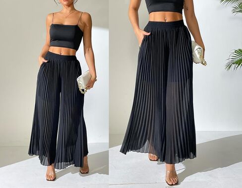 Heipeiwa Women's Chiffon مطاط على الساق الواسعة سراويل القصر محصول Capris culotte الأنيقة الأنيقة in Kuwait