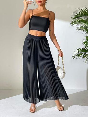 Heipeiwa Women's Chiffon مطاط على الساق الواسعة سراويل القصر محصول Capris culotte الأنيقة الأنيقة in Kuwait