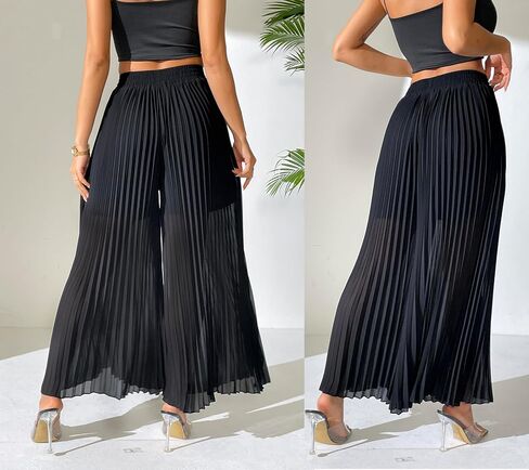 Heipeiwa Women's Chiffon مطاط على الساق الواسعة سراويل القصر محصول Capris culotte الأنيقة الأنيقة in Kuwait