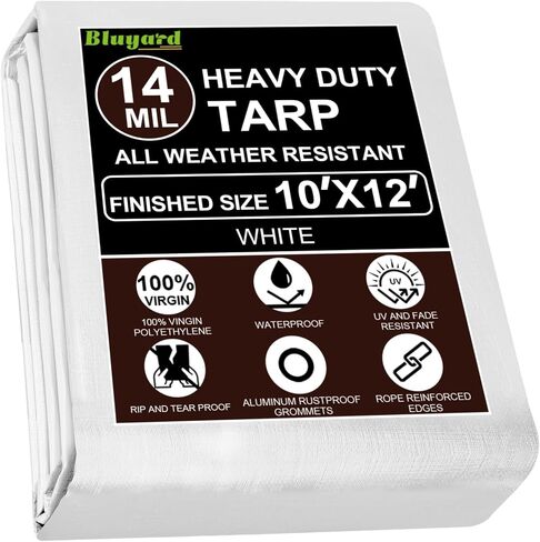 Tarp Waterproof 10x12 Ft Heavy Duty Tarp Thicker 14 Mil Large Tarps with Grommets and Reinforced Edges, UV Resistant Tear&Fade Resistant Plastic Tarp for Outdoor Camping Roof Pool Tent, White in Saudi Arabia