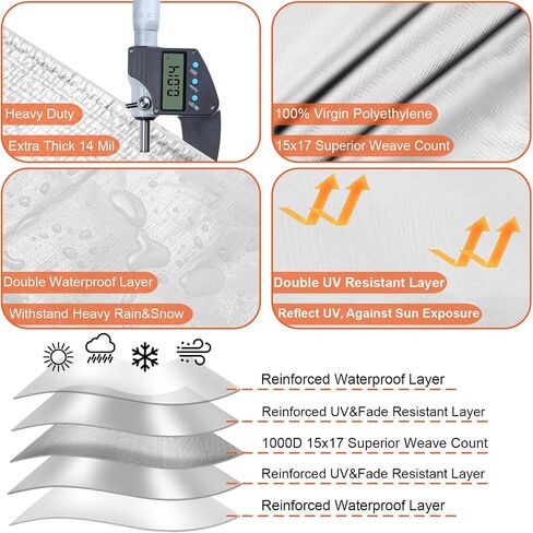 Tarp Waterproof 10x12 Ft Heavy Duty Tarp Thicker 14 Mil Large Tarps with Grommets and Reinforced Edges, UV Resistant Tear&Fade Resistant Plastic Tarp for Outdoor Camping Roof Pool Tent, White in Saudi Arabia