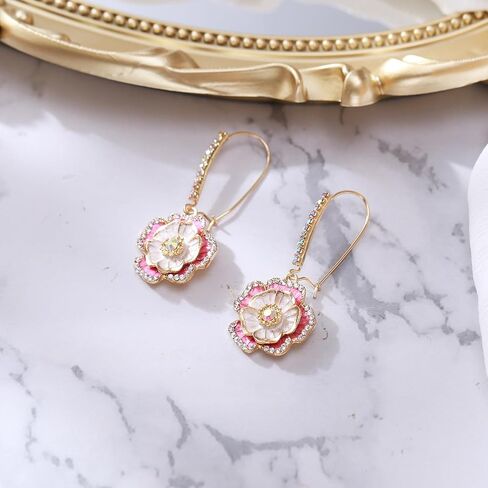 BriLove Fashion Elegant Rhinestone Enamel Rose Flower Hook Dangle Earrings for Women Party Prom Earring Accessories in Saudi Arabia