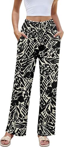 Women's Summer Wide Leg Pants High Waisted Palazzo Flowy Lounge Casual Elastic Drawstring Lightweight Pockets in Saudi Arabia