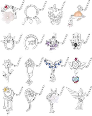 Akeoqi 16pc Dangle Dangle Rings & Buds - Felet Lape Lape و Cz Butterfly ، زهرة ، القمر ، الأفعى ، القلب والأجنحة كوكب متدلي بالأنف مجوهرات للنساء والرجال (20G) نغمة ذهبية فضية in Saudi Arabia