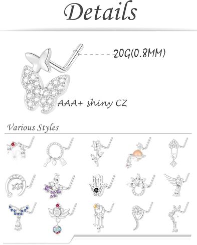 Akeoqi 16pc Dangle Dangle Rings & Buds - Felet Lape Lape و Cz Butterfly ، زهرة ، القمر ، الأفعى ، القلب والأجنحة كوكب متدلي بالأنف مجوهرات للنساء والرجال (20G) نغمة ذهبية فضية in Saudi Arabia
