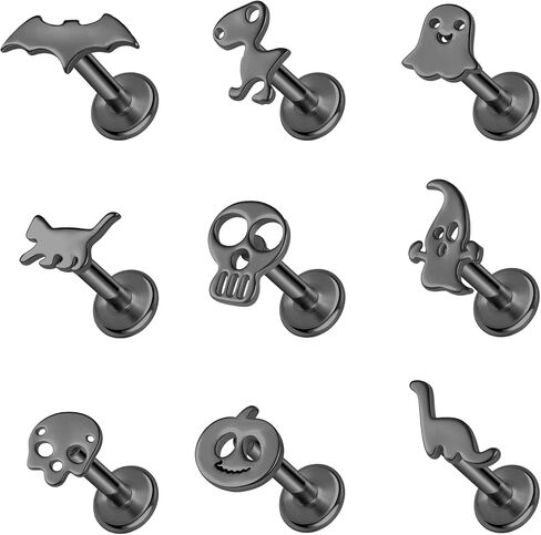 ZS 9Pcs 16G Halloween Lip Labret Studs, Stainless Steel Internally Threaded Jewelry for Conch Medusa Piercing, Black Bat Skull Ghost Forward Helix Tragus Earring for Women Men in Saudi Arabia