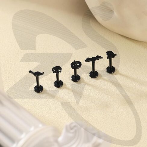 ZS 9Pcs 16G Halloween Lip Labret Studs, Stainless Steel Internally Threaded Jewelry for Conch Medusa Piercing, Black Bat Skull Ghost Forward Helix Tragus Earring for Women Men in Saudi Arabia