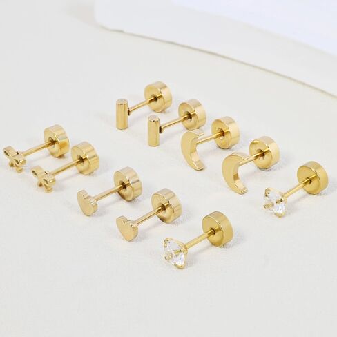 Screw Back Earrings for Women,14K Gold Flat Back Stud Earrings Hypoallergenic Surgical Steel Small CZ Stud Heart Bar Bow Cartilage Earring Set for Tragus Helix Multiple Piercing in Saudi Arabia