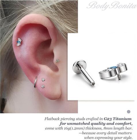 BodyBonita G23 Titanium Flat Back Stud Earrings Piercings - Hypoallergenic 16G Tragus Piercing Jewelry Helix Medusa Monroe Labret Lip Conch Earring 8mm in Saudi Arabia