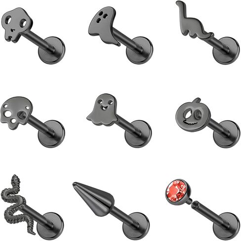 ZS 9Pcs 16G Halloween Lip Labret Studs, Stainless Steel Internally Threaded Jewelry for Conch Medusa Piercing, Black Bat Skull Ghost Forward Helix Tragus Earring for Women Men in Saudi Arabia