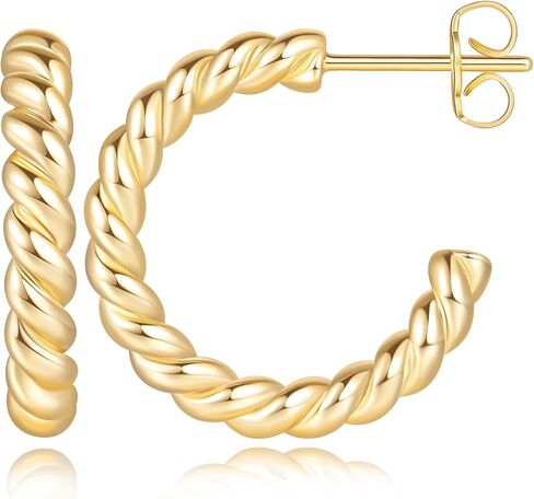 NEARLAND 14K Gold Hoop Earrings for Women Gold Earrings Studs Twisted Rope Round Hoop Stud Earring 16/21/25mm in Kuwait