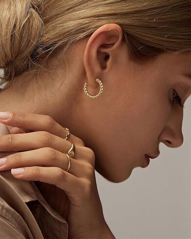 NEARLAND 14K Gold Hoop Earrings for Women Gold Earrings Studs Twisted Rope Round Hoop Stud Earring 16/21/25mm in Kuwait