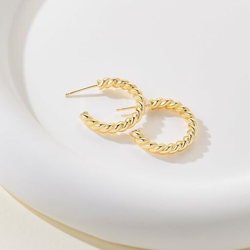 NEARLAND 14K Gold Hoop Earrings for Women Gold Earrings Studs Twisted Rope Round Hoop Stud Earring 16/21/25mm in Kuwait