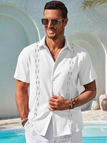 Runcati Mens Short Sleeve Guayabera Shirts Button Down Cuban Casual Mexican Shirts Summer Beach Wedding Linen Tops in Saudi Arabia