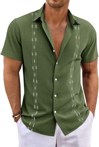 Runcati Mens Short Sleeve Guayabera Shirts Button Down Cuban Casual Mexican Shirts Summer Beach Wedding Linen Tops in Saudi Arabia