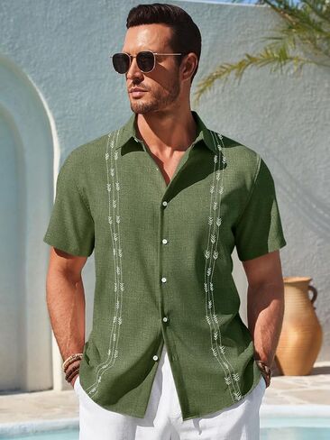 Runcati Mens Short Sleeve Guayabera Shirts Button Down Cuban Casual Mexican Shirts Summer Beach Wedding Linen Tops in Saudi Arabia