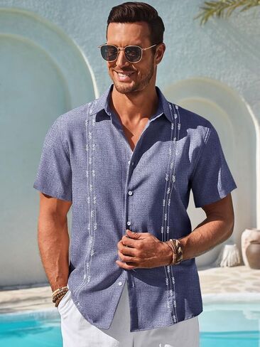 Runcati Mens Short Sleeve Guayabera Shirts Button Down Cuban Casual Mexican Shirts Summer Beach Wedding Linen Tops in Saudi Arabia