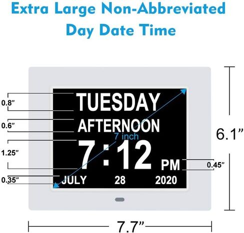 7 Inch Extra Large Non-Abbreviated Day Date & Month Digital Day Calendar Clock with Auto-Dimming 8 Alarm Reminders Dementia Clocks for Senior Elderly impaired Vision in Saudi Arabia
