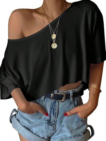 SOFIA'S CHOICE Women's Off Shoulder Crop Tops Loose Boat Neck Short Sleeve T Shirt in Kuwait