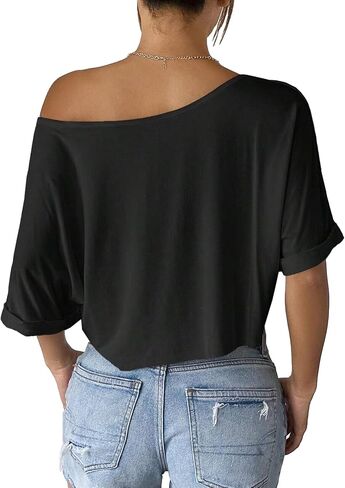 SOFIA'S CHOICE Women's Off Shoulder Crop Tops Loose Boat Neck Short Sleeve T Shirt in Kuwait