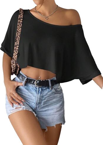 SOFIA'S CHOICE Women's Off Shoulder Crop Tops Loose Boat Neck Short Sleeve T Shirt in Kuwait