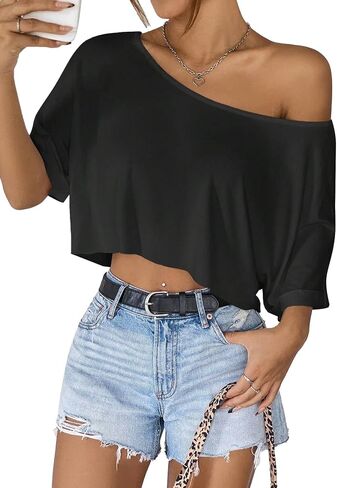 SOFIA'S CHOICE Women's Off Shoulder Crop Tops Loose Boat Neck Short Sleeve T Shirt in Kuwait
