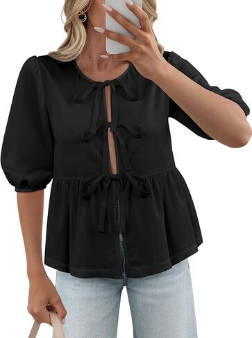 Women's Tie Front Peplum Blouses Puff Short Sleeve Crewneck Shirt Cute Y2K Coquette Babydoll Going Out Tops in Kuwait
