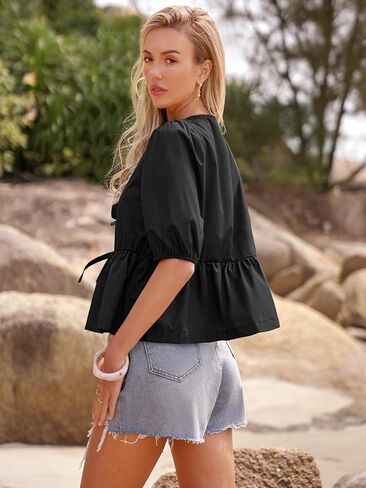 Women's Tie Front Peplum Blouses Puff Short Sleeve Crewneck Shirt Cute Y2K Coquette Babydoll Going Out Tops in Kuwait