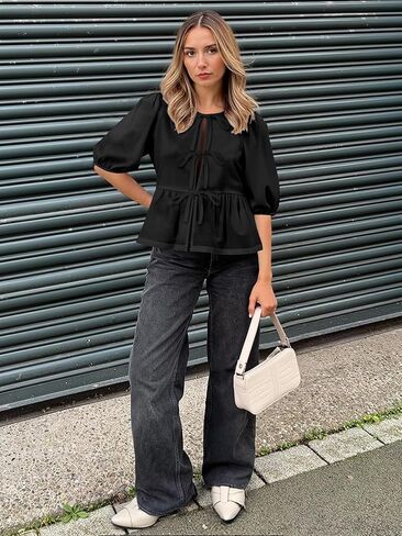 Women's Tie Front Peplum Blouses Puff Short Sleeve Crewneck Shirt Cute Y2K Coquette Babydoll Going Out Tops in Kuwait