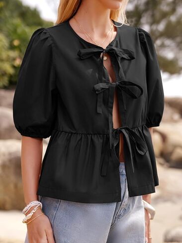 Women's Tie Front Peplum Blouses Puff Short Sleeve Crewneck Shirt Cute Y2K Coquette Babydoll Going Out Tops in Kuwait