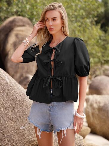 Women's Tie Front Peplum Blouses Puff Short Sleeve Crewneck Shirt Cute Y2K Coquette Babydoll Going Out Tops in Kuwait