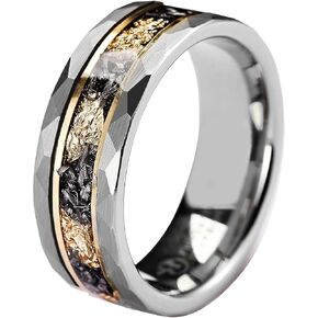 Mens Tungsten Carbide Wedding Bands 8mm Black Hammered Edge Gold Foil Inly Durable Scratch Proof Stainless Steel Cool Promise Ring for Him Comfort Fit