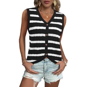 Women V Neck Sweater Vest Cable Knit Button Down Striped Tank Top Casual Crochet Knitted Sleeveless Cardigan