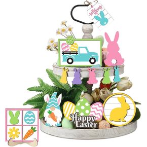 ديكور صينية Jetec ، 12pcs علامات Bunny Easter Tiered ، خشب Gnome Truck Flower Farmhouse Decortings ، أخضر ، أصفر ، صينية غير مشمولة